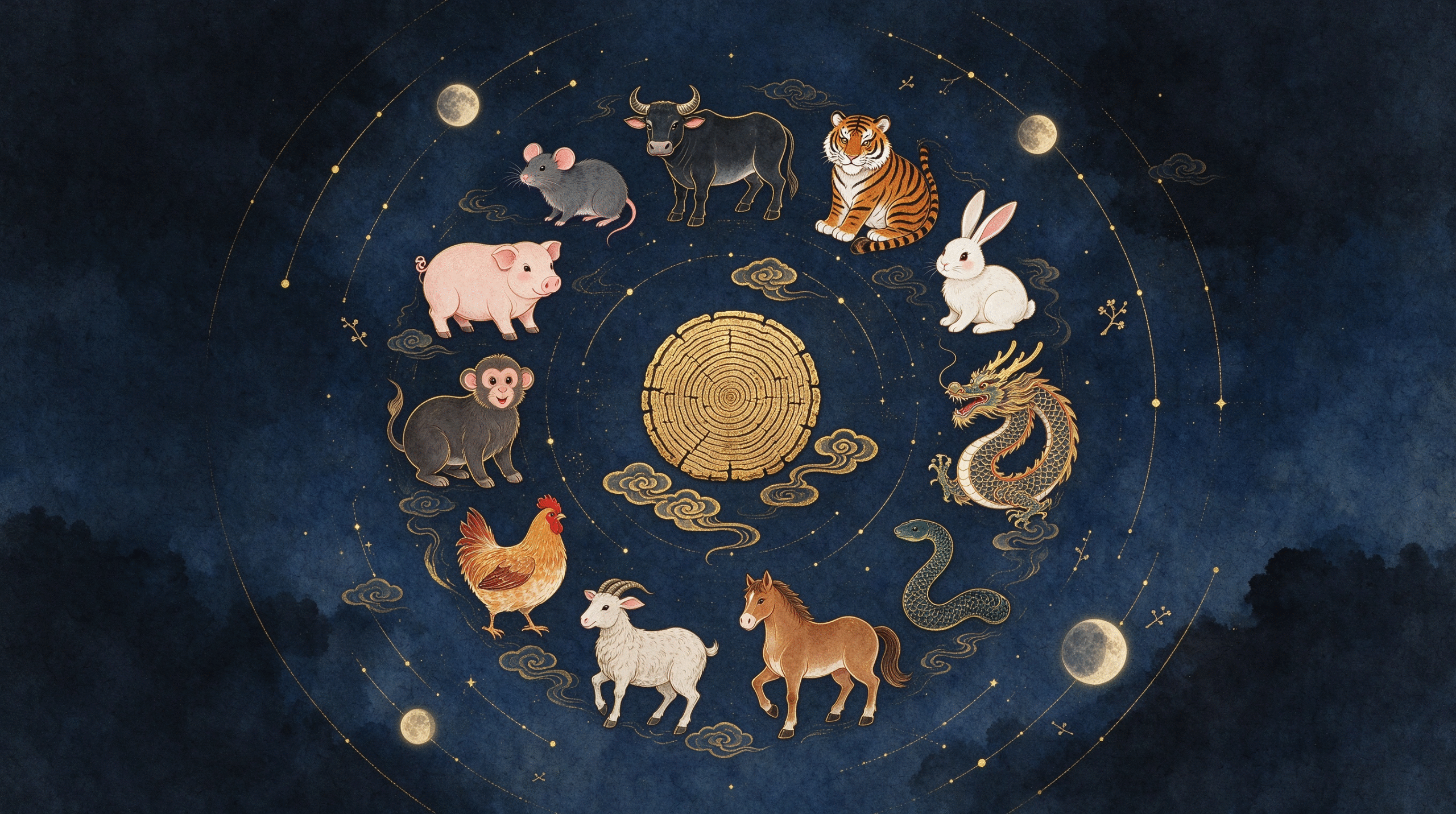 12 Chinese zodiac animals chart, rat ox tiger rabbit dragon snake horse goat monkey rooster dog pig
