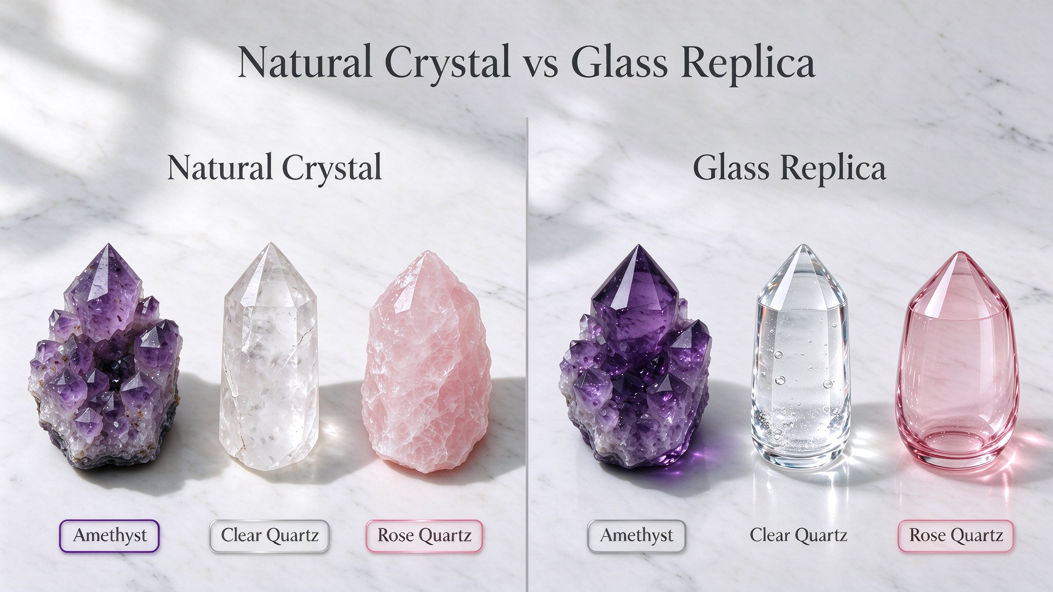 Natural crystal vs glass replica comparison chart, amethyst clear quartz rose quartz