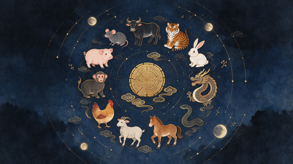 12 Chinese zodiac animals chart, rat ox tiger rabbit dragon snake horse goat monkey rooster dog pig